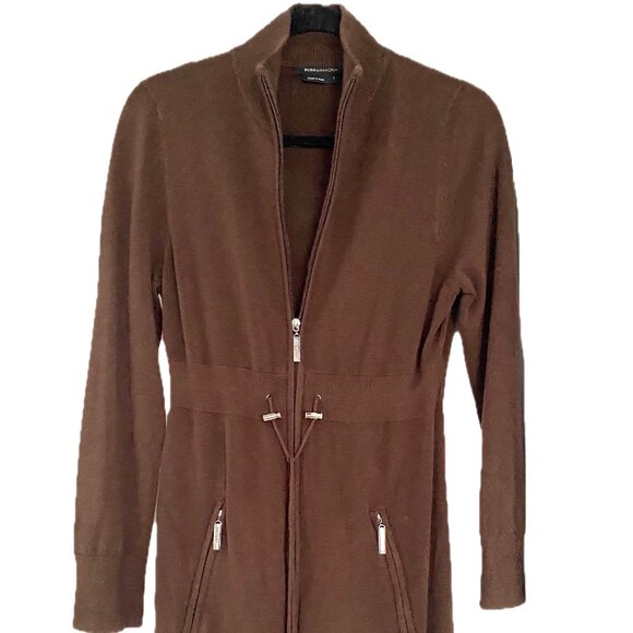 😊BCBG Maxazria Brown Sweater Coat Drawstring Gold Zipper Pockets Mid-thigh Sz L - Picture 6 of 14